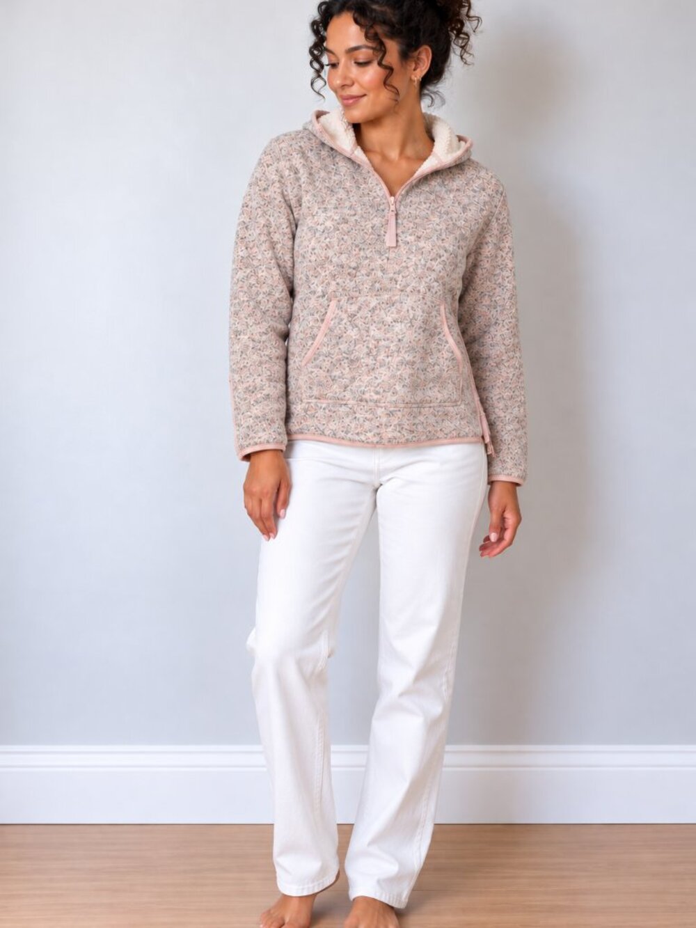 Thread & Supply Pink Marled Sherpa-Lined Half-Zip Hoodie Small